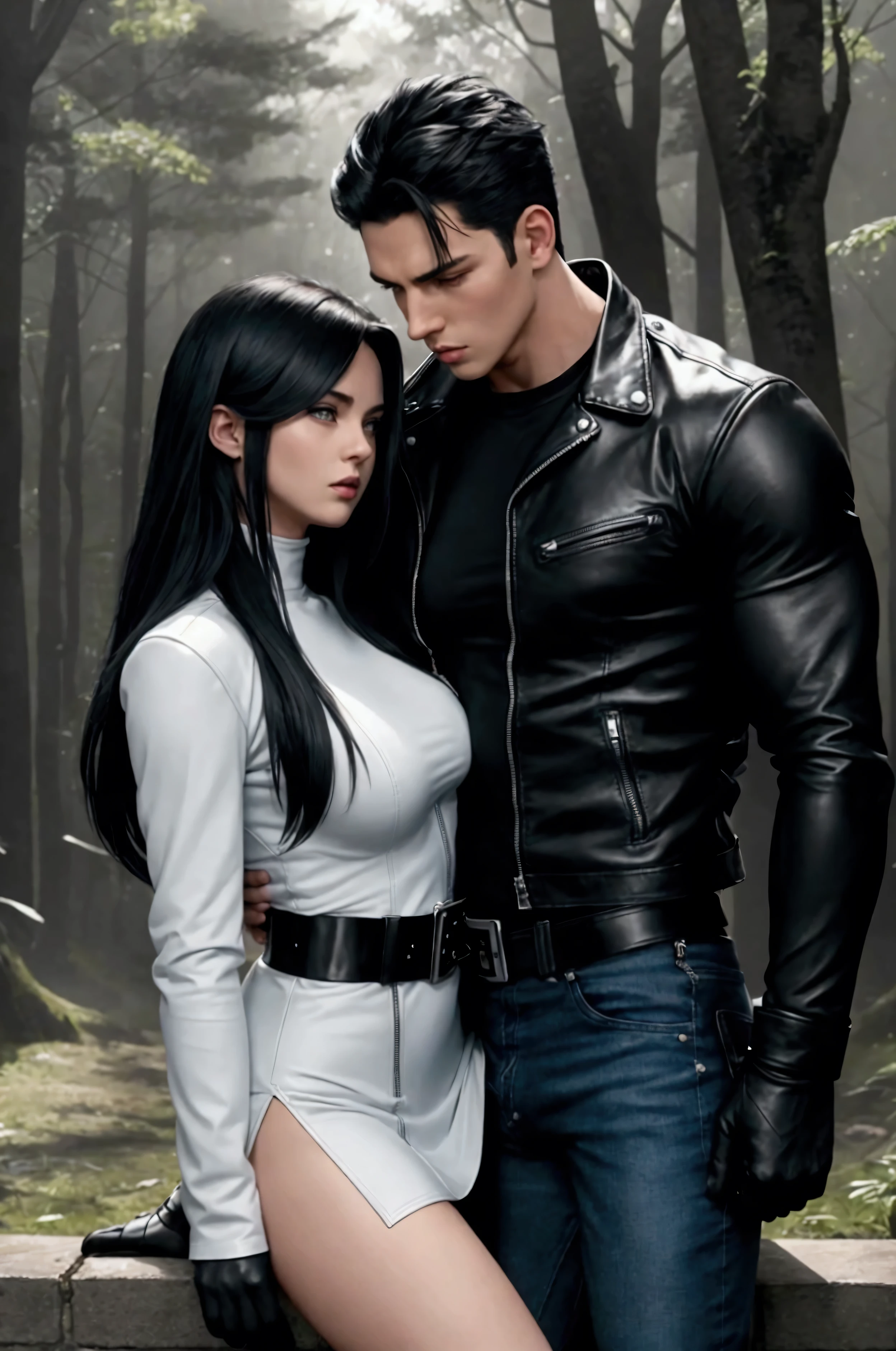 A muscular young man with black hair, wearing a white round-neck shirt and a black leather jacket over it, wearing blue jeans with a zipper down and an erect penis sticking out, black gloves, a black belt, and black combat boots, Having sex with a blonde woman wearing a white dress White dress and high heels In missionary position On the meadow in the forest, anime.