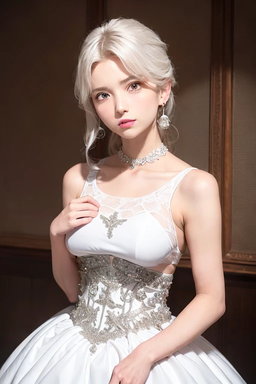 masterpiece、Highest quality、8k、Absurd、 (Upper Body:0.8)、(Ball gown:1.8)、(milk:1.5) White-haired beautiful girl、choker、Earrings、Bangles、Cute face、Viewer&#39;s Eyes、smile、Ultra-realistic、High resolution、photograph、Film Grain、chromatic aberration、Sharp Focus、HDR、Face Light、Dynamic Lighting、Cinematic Lighting、Professional Shadows、Simple Background、(Dull background:1.4)、Most detailed、Very detailed、Ultra-detailed、Detailed explanation、Real Skin、Delicate facial features、Detailed face and eyes、Sharp pupils、Realistic pupils