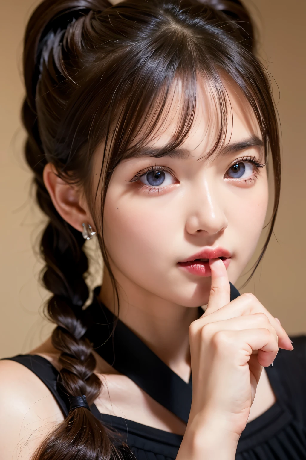 (8k, 4K, Highest quality,Ultra-high resolution:1.1), (masterpiece,, photo-realistic:1.1), One girl, , Twin tails,Iris,(View your viewers:1),Long eyelashes,Small Face,High Contrast,Japanese,Tube top,Holding index finger in mouth,Large bust,Private room