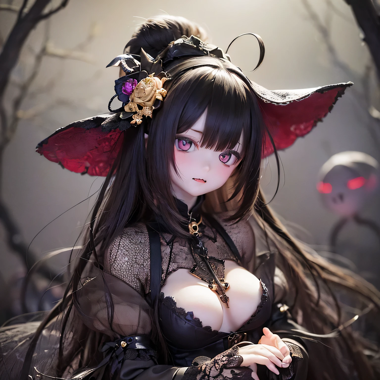 (Highest quality,4K,8k,High resolution,masterpiece:1.2),beautiful detailed eye,length eyelashes,Beautiful lip detail,extremely detailed eye and face,(Vibrant colors,colorful,Contrast enhancement:1.1),dark atmosphere,spooky ambiance,Gothic style,Satanic in front,Devilish charm,(Fine art,shape:1.1),Digital Painting,dark fantasy theme,dramatic lighting,Ghostのようなly beautiful,detailedなテクスチャ, (Horror, dark, Bad luckな) girl, (Gothic, Victorian) fashion, (mysterious, charmな) vision, (pale, porcelain) skin, (length, Flowing) Black Hair, (elegant, Complex) Lace dress, (Bad luck, spooky) Shadow, (spooky, Otherworldly) background, (Illuminated by the moonlight, Ghostが出る) garden, (Bad luckな, charmed〜Three Witch Sisters) forest, (elegant, charmな) stop temporarily, (dark, mysterious) aura, (mysterious, Supernatural) Powers, (Forbidden, mysterious) mode, (charmed〜Three Witch Sisters, cursed) relic, (Twisted, bent) reality, (charmな, Ghostのような) smile, (cold, bone-cold) silence, (elegant, Gothic) architecture, (Bad luckな, hypnotism) eye, (intense, dark) emotion, (Powerful, order) in front, (Bad luck, Bad luckな) atmosphere, (spookyな, spookyな) detailed, (charmな, charm) performance, (Satanic, Ghostのようなly beautiful) shape, (elegant, spooky) composition, (Surreal, dream-like) scenery, (strict, Bad luckな) cloud, (magic, mysterious) element, (charmed〜Three Witch Sisters, Ghostのような) aura, (Shadowのある, mysterious) shapes, (Ghostが出る, Abandoned) Apartment, (Bad luckな, malicious) 意shape, (Supernatural, Otherworldly) energy, (Ghostのような, cold) whisper, (elegant, dramatic) stop temporarilys, (mysterious, mysterious) beauty, (Devilish, charmな) eye, (intense, Powerful) vision.Open your arms、(((Ghost)))