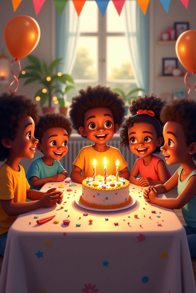 Many black kids on a square table for a birthday on a square setting