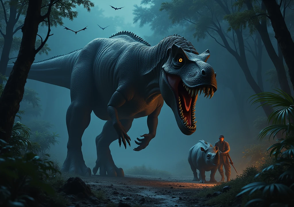 frightful Tiranossauro Rex na floresta africana de noite perseguindo um rinoceronte. Scared hunters. Bats flying. Terror. frightful. fear.