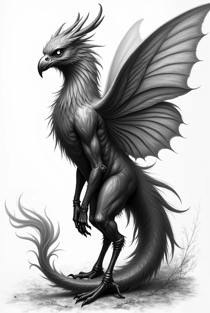 Create a drawing of a European mythological monster with the appearance of a bird, a human body and fiery butterfly wings, its skin shines with a soft glow and its eyes shine like stars, it is a black and white drawing and it is easy to draw in black and white, men