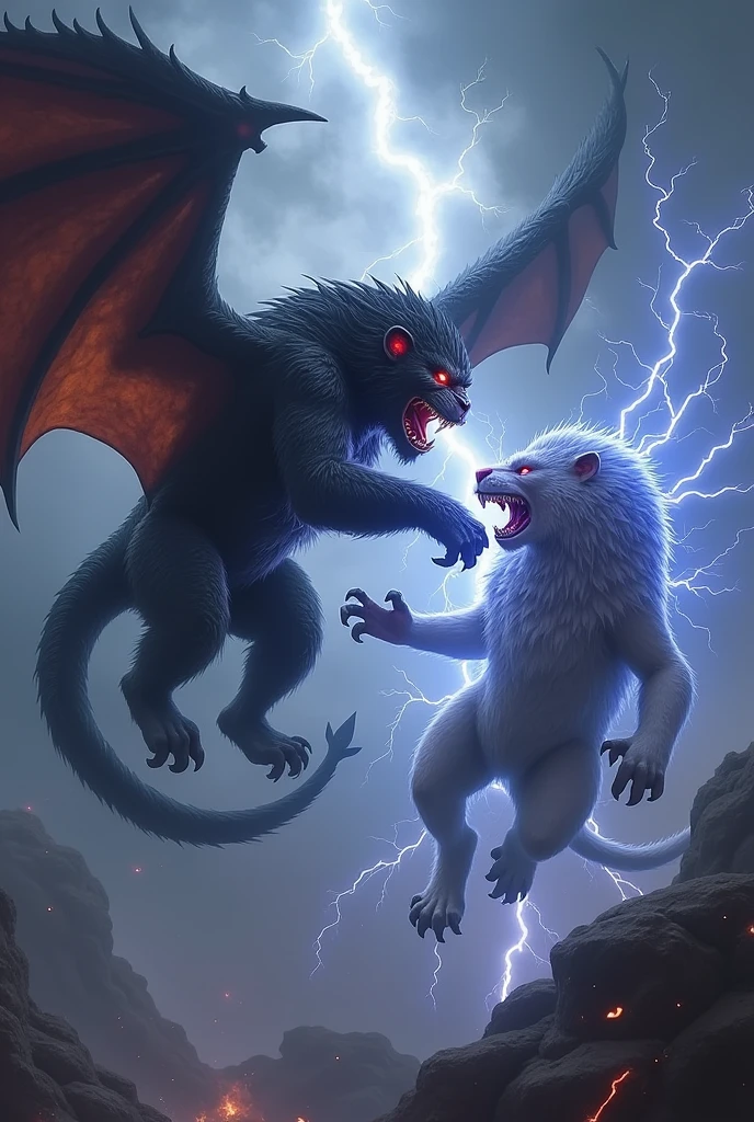 Dark big Black monkey with fire tail and dragon wings with large scales on chest and dark red eyes fighting with a thunder lion in air 