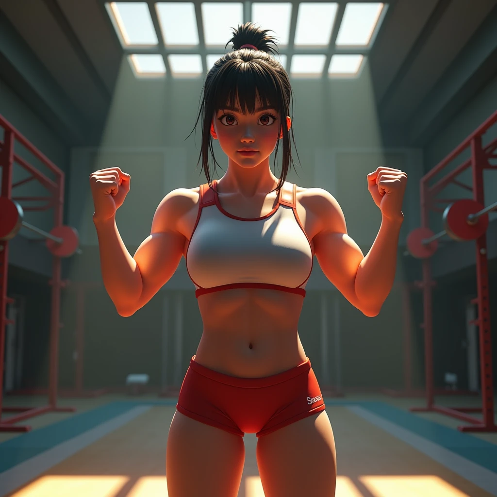 There is a shadow、Photorealistic、3d、Ultra HD、Front view、Saori Yoshida、Saori Yoshidaがガッツポーズしている、Digital Art、The background is the gym