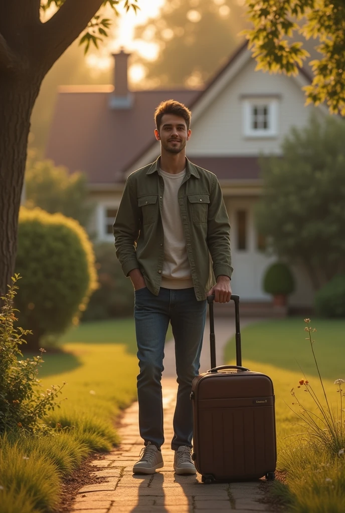 Image of a man leaving his parents&#39; house and going to hug his girlfriend