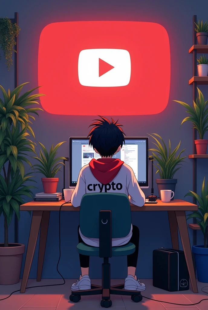 Create a image of "A 20 years anime boy sitting in front of a computer desk with a microphone and laptop, wearing white and red hoodie with the Channel Name on it "CRYPTO". The background includes a large YouTube logo on the wall, potted plants on either side, and various recording equipment."