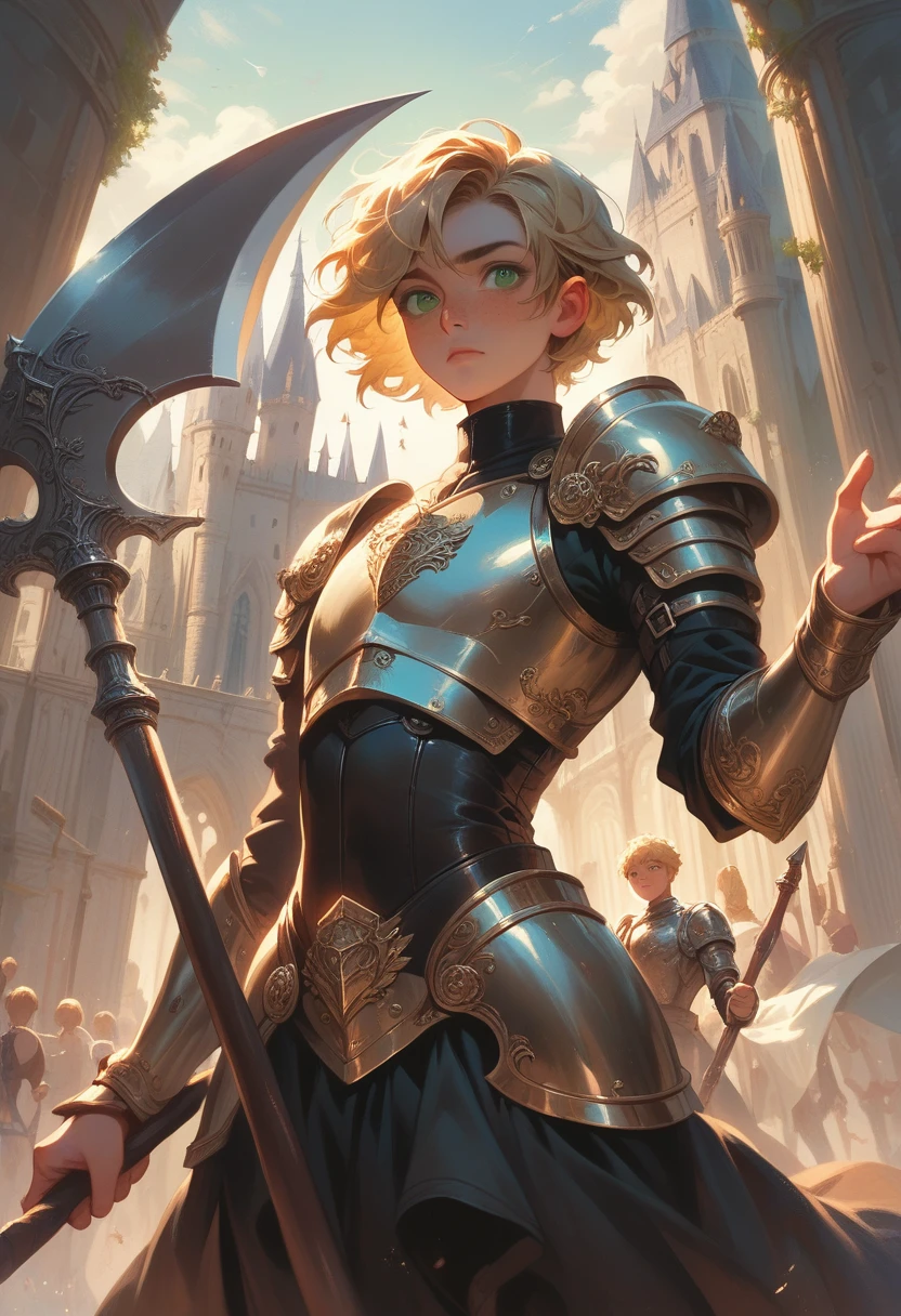 Illustration, detailed illustration, ultra detailed, best quality, dynamic angle, 1boy, femboy, androgynous, beautiful, short blonde hair, green eyes, light freckles, leather armor, castle, carrying scythe
