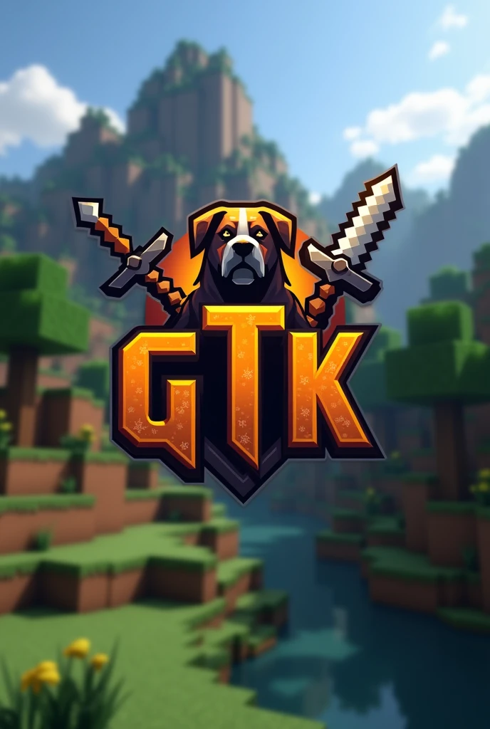 Make an animated logo for a Minecraft clan With the following GTK letters but put the T in black and make the G and K orange, only the T in black and the G and K orange, just put a dog and netherite sword and shield in the background in the background of the Minecraft world more realistic 