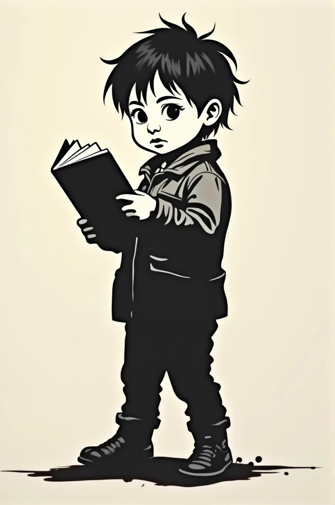 Stencil art of a child holding a book like a gun.