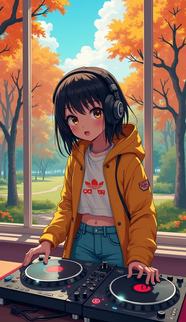 girl playing dj、,Wearing headphones、looks fun、Hold the headphones with one hand、One hand is touching the turntable、Outside the window looking down is a park. autumn. autumn. Adrian Jeanie style, Try Andrews, Aesthetics 90s Anime.