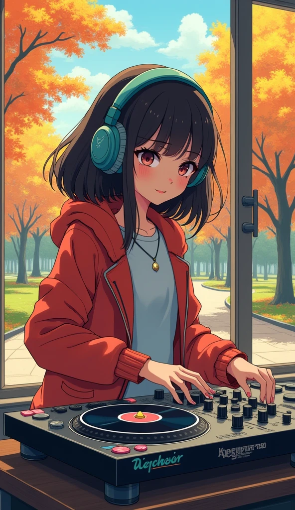 girl playing dj、,Wearing headphones、looks fun、Hold the headphones with one hand、One hand is touching the turntable、Outside the window looking down is a park. autumn. autumn. Adrian Jeanie style, Try Andrews, Aesthetics 90s Anime.