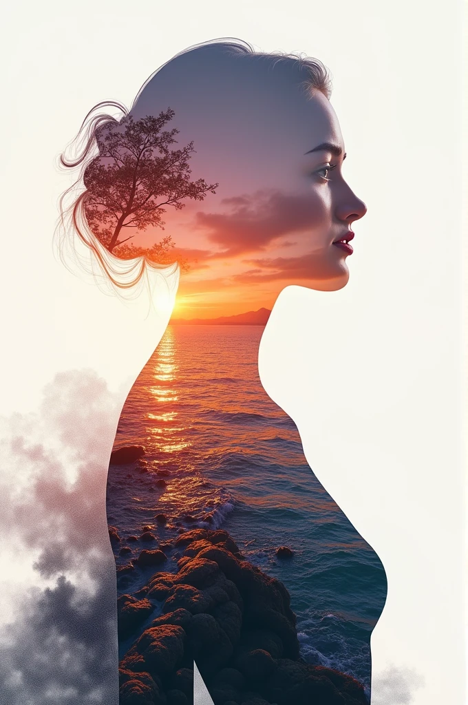 high quality, 8K Ultra HD, A beautiful double exposure that combines an goddess silhouette with sunset coast, sunset coast should serve as the underlying backdrop, with its details incorporated into the goddess , crisp lines, The background is monochrome, sharp focus, double exposure, by yukisakura, awesome full color,