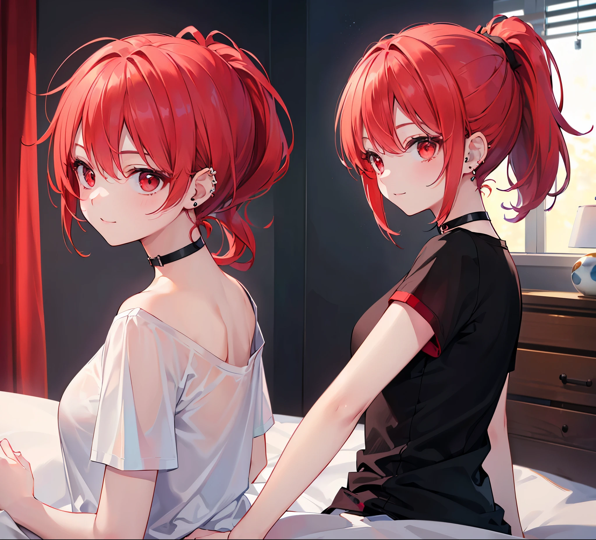 Realistic,Highest quality, Ultra Detail, High-quality CG rendering, The most delicate and beautiful, Floating softly, High resolution, (1 girl), (Highest quality,4K,8k,masterpiece:1.2),(Bright Red Hair:1.5), (ponytail:1.5),(Red eyes:1.5),(Slightly larger breasts:1.2),(Black oversized short sleeve t-shirt:1.5),(Piercing in left ear:1.3),Inside the room,smile,bed,(bedに座っている:1.3),(Pitch black choker:1.5),(Turn your back to your audience:1.3)