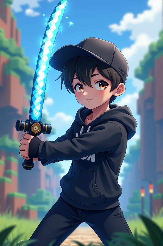 Make A Cute anime boy character wearing ( black hoodie) with animated Minecraft background black hand glove blue shining katana black cap black