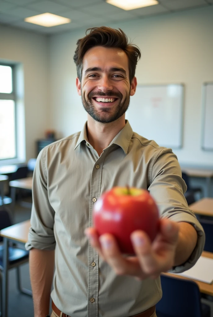 Young northeastern male math teacher smiling with an apple in his hand