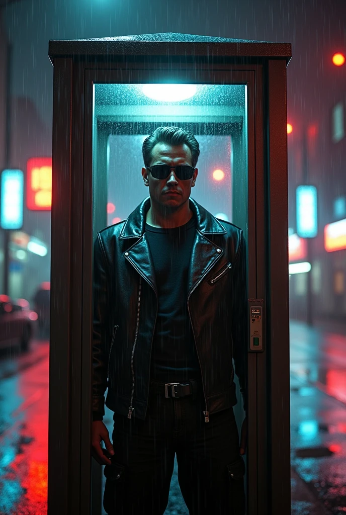 Ultra-realistic scene of the Terminator in a leather jacket and sunglasses, making a call from a gritty, 1980s phone booth in a rain-soaked urban area with neon lights reflecting in the background