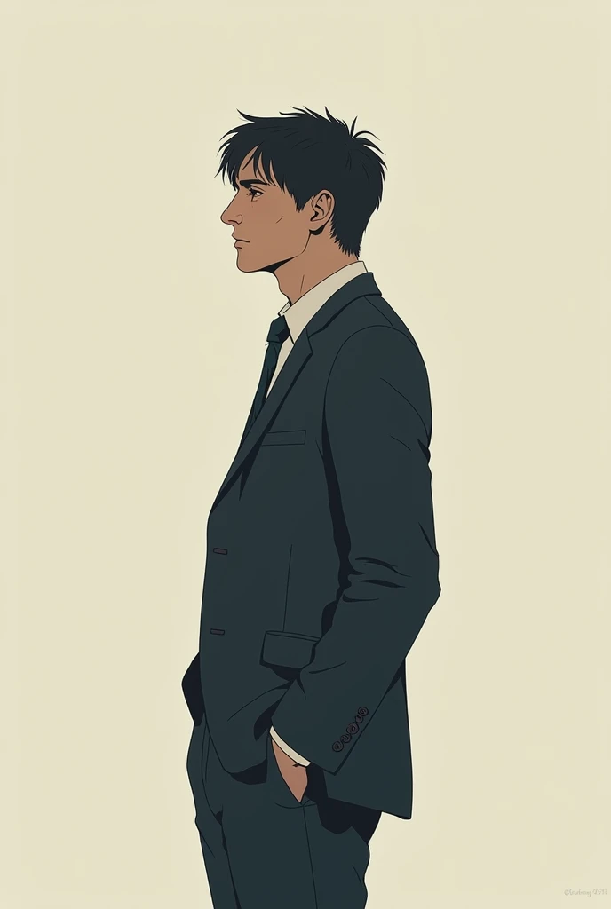 A men with short black hair, alone without bride, wearing suit, looking at someone from afar while sadly smile in comic 