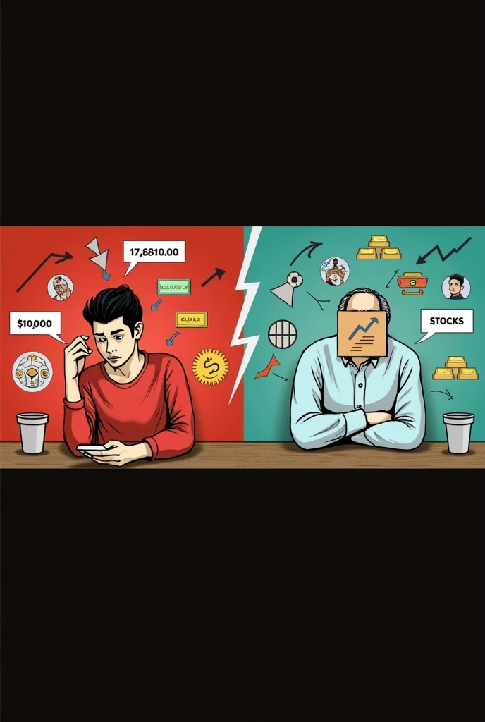 Division: The image is split into two halves with a vertical line in the middle.
Labels:
Left side: “NEW GENERATION”
Right side: “OLD GENERATION”
Background Colors: Each side has a different background color.
Figures:
Left side: A person in a red shirt looking down at a smartphone, appearing concerned or stressed.
Right side: A person in a light blue shirt with crossed arms.
Face Obscured: Both individuals have their faces obscured by a brown rectangle.
Graphics:
Left side: Downward arrows and numbers indicating negative financial figures, specifically “-17,810.00.”
Right side: Icons representing traditional assets or values such as currency, gold bars, real estate (house), and stocks (upward arrows).
Contrast: The image contrasts modern financial struggles with traditional wealth accumulation methods to highlight generational differences in economic approaches and challenges. Realistic image