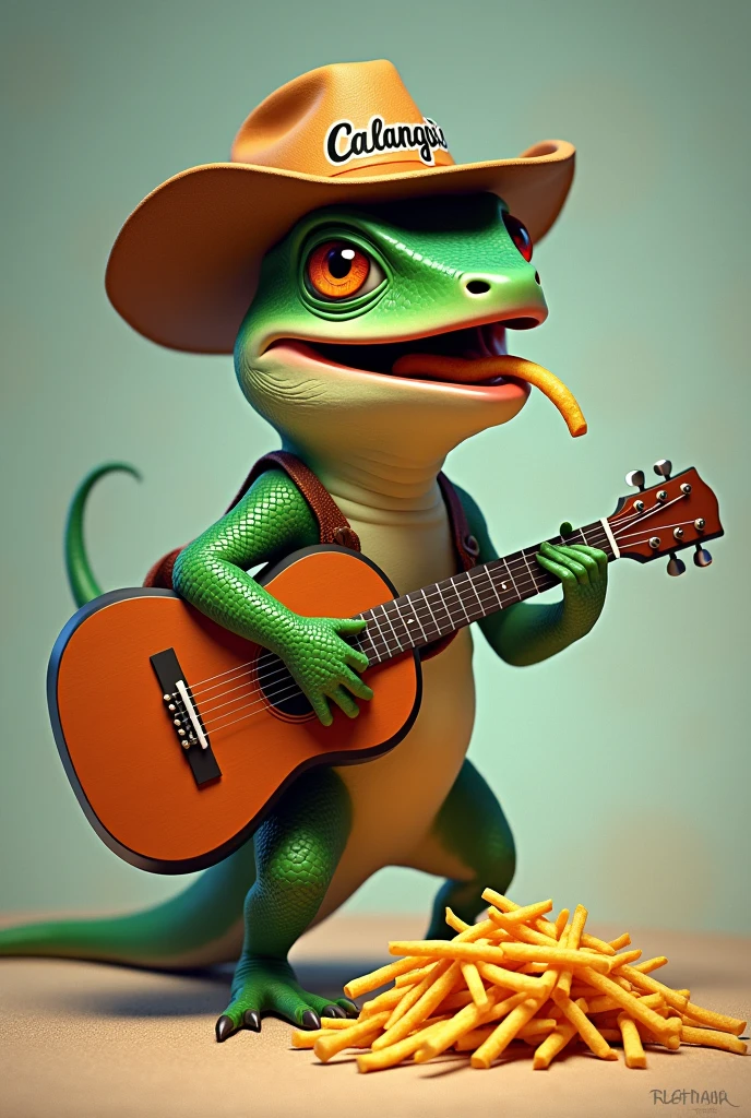 A lizard eating French fries with a guitar on his back and a cowboy hat. The hat says Calango's