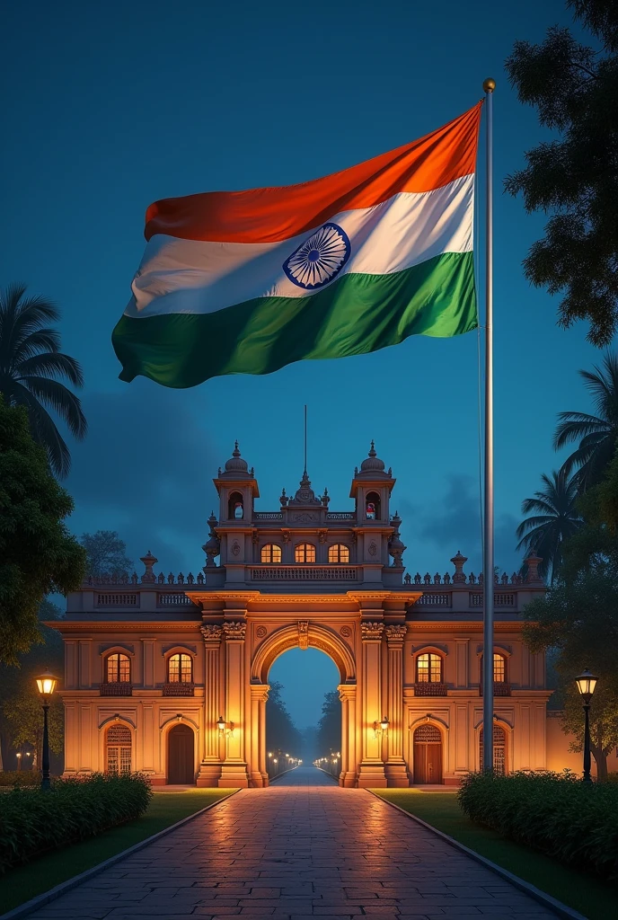 Banaras Hindu University college gate with beautiful Indian flag colour night 