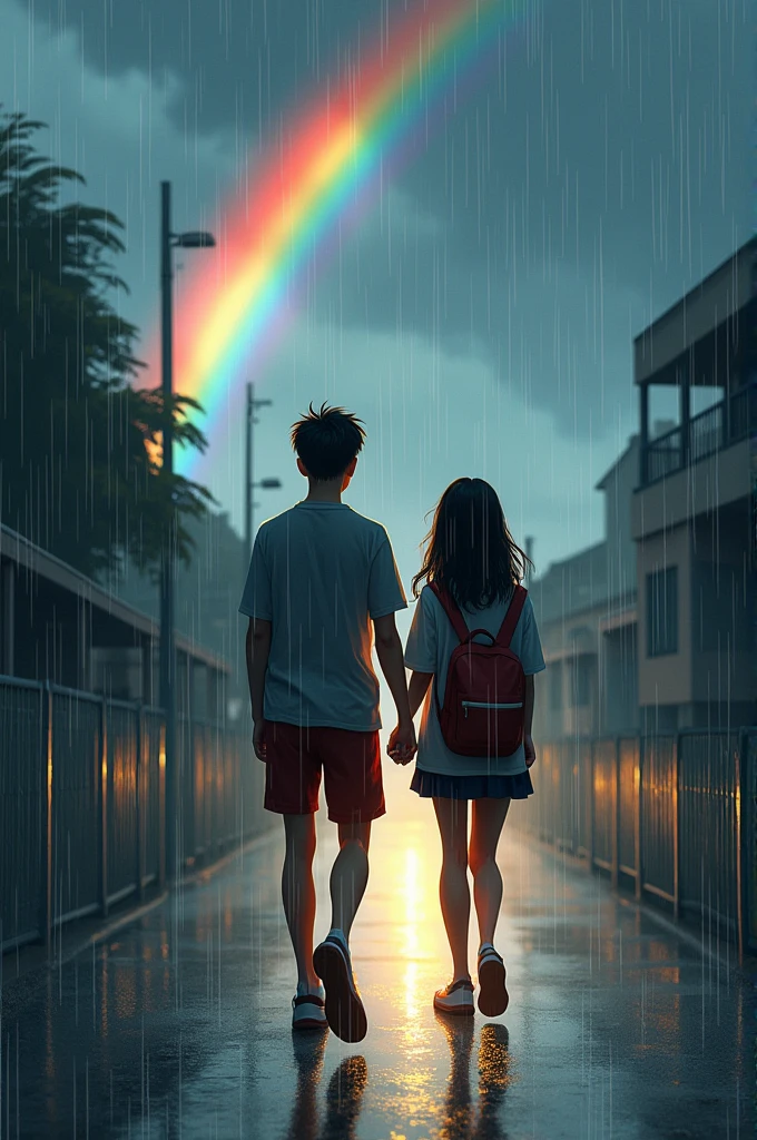 Rany day a boy going to his school with his girlfriend 
The Background like dark colours and rainbow 