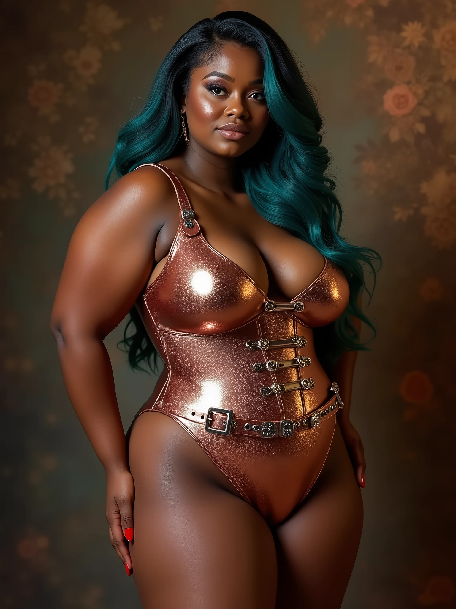 EXTREME BIG HUGE BOOTY HIPS CONTEST, dark skin: dark melanin All Women, a very attractive breathtaking woman with very large butts, realistic, lifelike, hyperrealistic, most wide hips circumference (100 inches): widest (trapezoid shaped) hips, opulent (bodysuit) couture, most triangular - tapered: thin waist, accessories: belts clasps buckles, detailed skin moisture, have the toned huge curvy hourglass body, dark blue hair: teal highlights, sharp focus, metallic rose gold, color tones: #4A2B2F