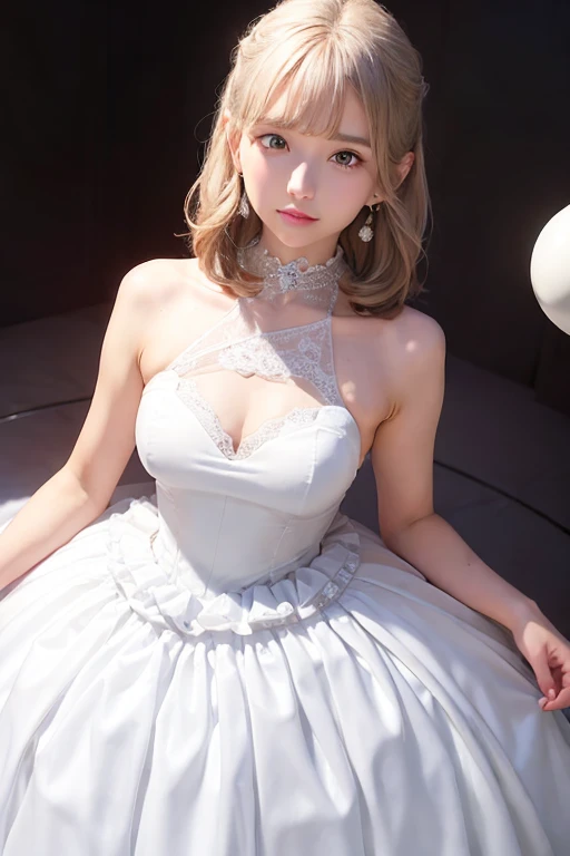 masterpiece、Highest quality、8k、Absurd、 (Upper Body:0.8)、(Ball gown:1.8)、(milk:1.4) White-haired beautiful girl、choker、Earrings、Bangles、Cute face、Viewer's Eyes、smile、Ultra-realistic、High resolution、photograph、Film Grain、chromatic aberration、Sharp Focus、HDR、Face Light、Dynamic Lighting、Cinematic Lighting、Professional Shadows、Simple Background、(Dull background:1.4)、Most detailed、Very detailed、Ultra-detailed、Detailed explanation、Real Skin、Delicate facial features、Detailed face and eyes、Sharp pupils、Realistic pupils