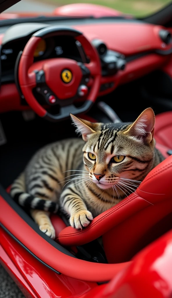 A cat inside a red Ferrari