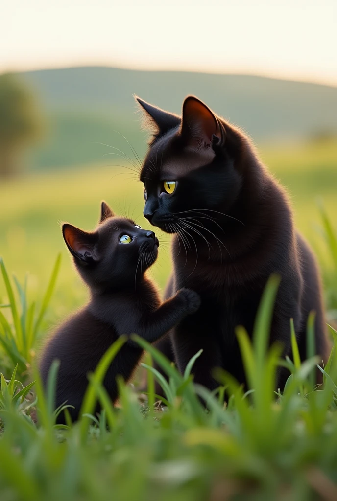 Black cat parent and child、cute、photograph、grassland