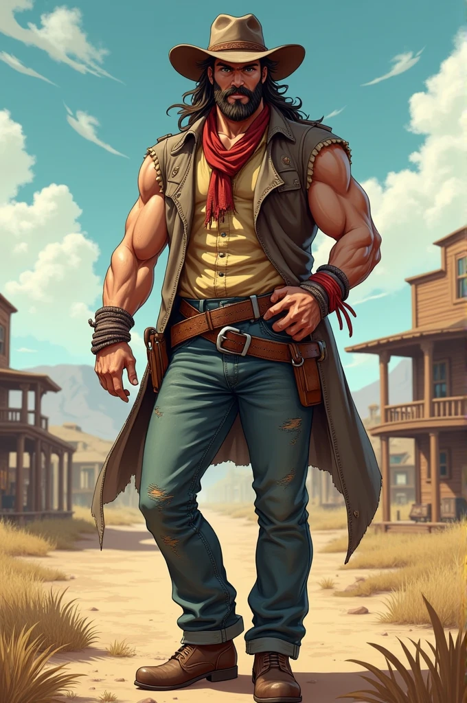 3d anime character, tall strong adult man with long hair old west cowboy style, has a beard and sloppy clothing, beautiful and charming