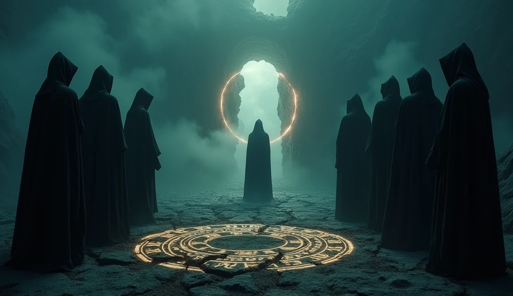 Cinematic scene of a dark magic ritual: hooded figures chanting around a glowing, dark portal. The ground cracked and emitting dark energy. Realistic, mystical, and ominous, highlighting the rise of dark powers. Include intricate symbols and runes glowing on the ground, adding to the mystic atmosphere. High level of detail and realism to match cinematic quality.