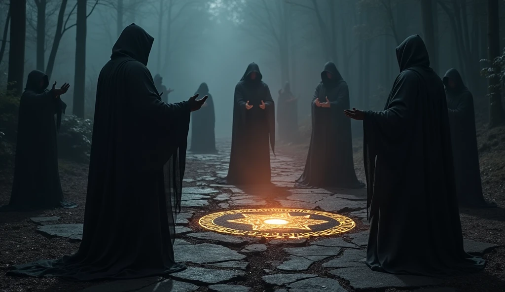 Cinematic scene of a dark magic ritual: hooded figures chanting around a glowing, dark portal. The ground cracked and emitting dark energy. Realistic, mystical, and ominous, highlighting the rise of dark powers. Include intricate symbols and runes glowing on the ground, adding to the mystic atmosphere. High level of detail and realism to match cinematic quality.
