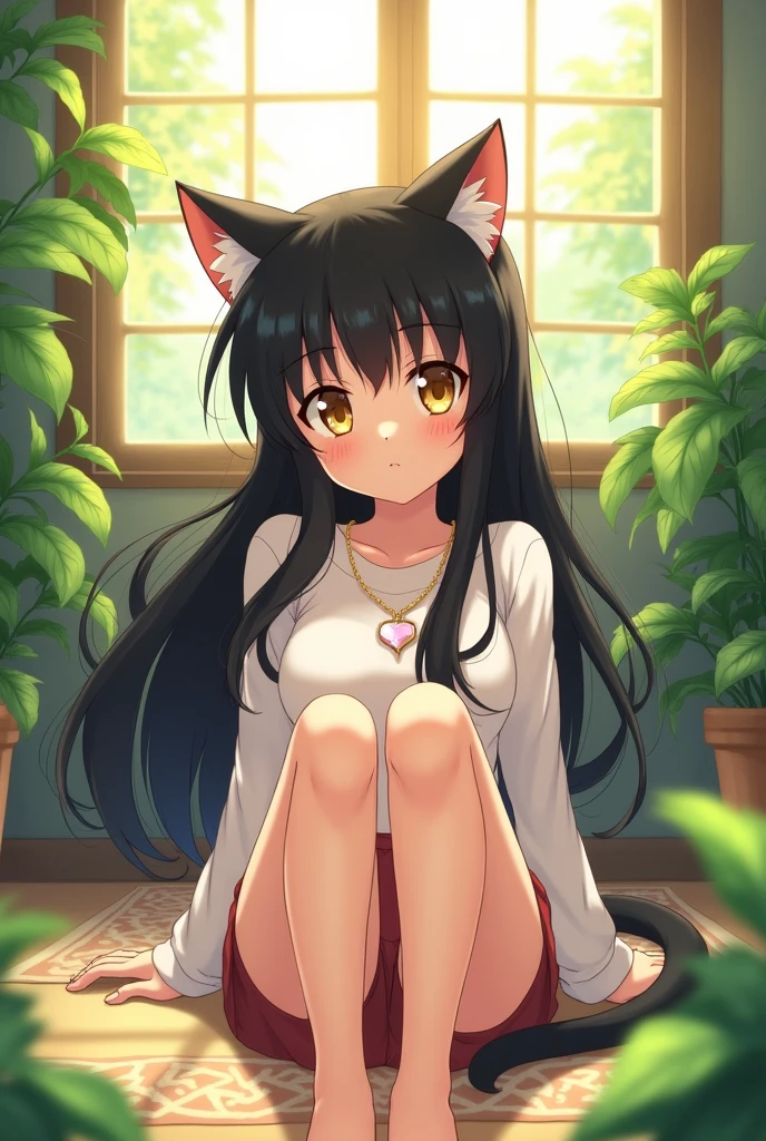An anime girl who looks with cat ears, very long black hair with bangs similar to Inuyasha's and big golden eyes., with a Nemona style outfit. Show off a casual vibe while relaxing in your favorite spot. he has no shoes, showing her bare feet with the soles pointing towards the viewer. The stress of the day evaporates from her as she relaxes in this comfortable position. It is surrounded by vivid elements that induce tranquility., like relaxing green plants and soft rays of sunlight falling through the window.
