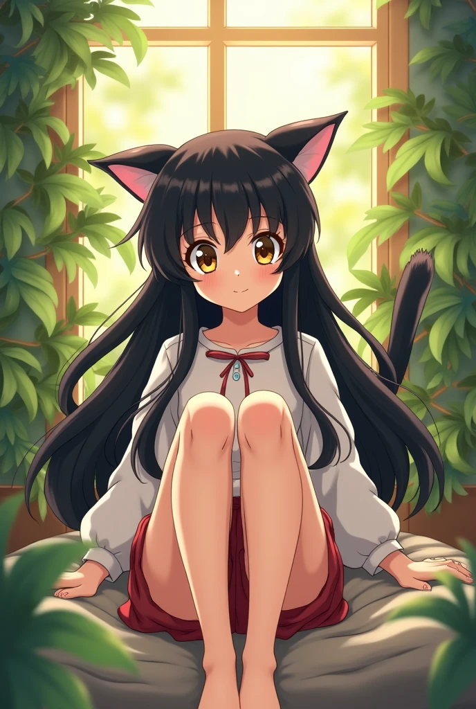 An anime girl who looks with cat ears, very long black hair with bangs similar to Inuyasha's and big golden eyes., with a Nemona style outfit. Show off a casual vibe while relaxing in your favorite spot. he has no shoes, showing her bare feet with the soles pointing towards the viewer. The stress of the day evaporates from her as she relaxes in this comfortable position. It is surrounded by vivid elements that induce tranquility., like relaxing green plants and soft rays of sunlight falling through the window.