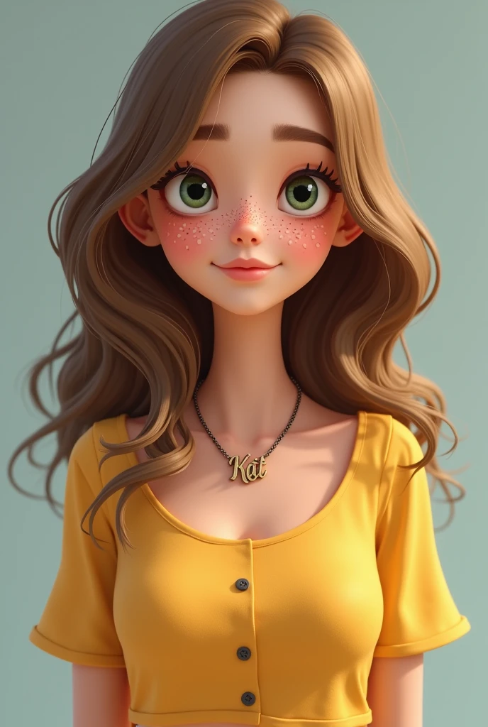 Female, Medium blondish brown wavy hair, round face, button nose, freckles, greenish eyes, thick brown eyebrows, small lips, yellow crop top, necklace that says KAT, long eyelashes, realism cartoon