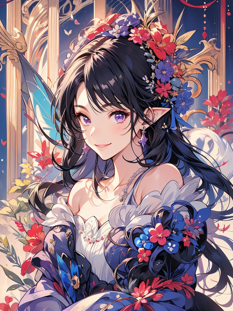 masterpiece, Highest quality, 1 , Very detailed, Ultra-high resolution, Distinctive facial features, Anatomically correct, pretty girl, Long pointy ears, Fairy, Nice face,Black Hair, Purple eyes,one piece, smile, Bye bye, wave hands
