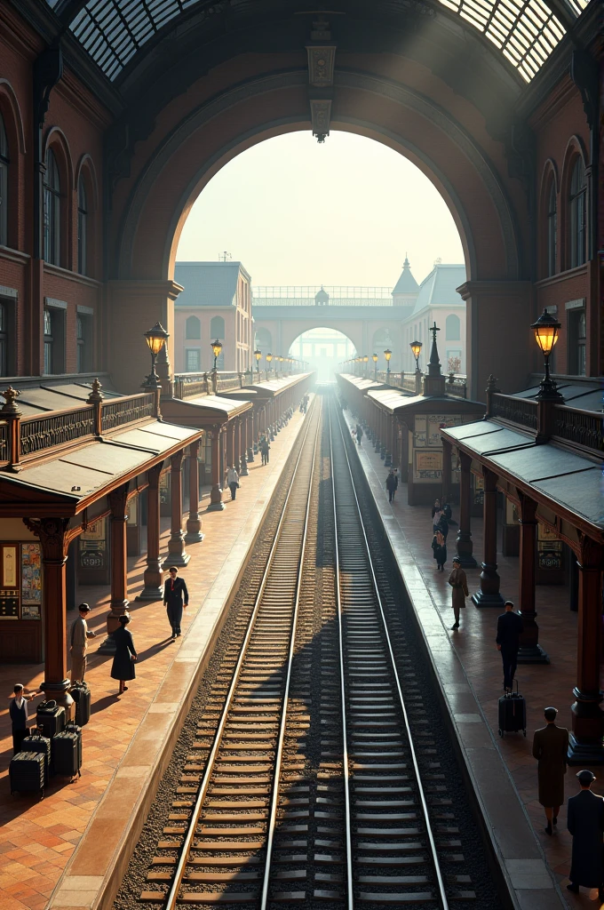 A 1940s style train station in Europe , There are 3 tracks and 2 stations.
