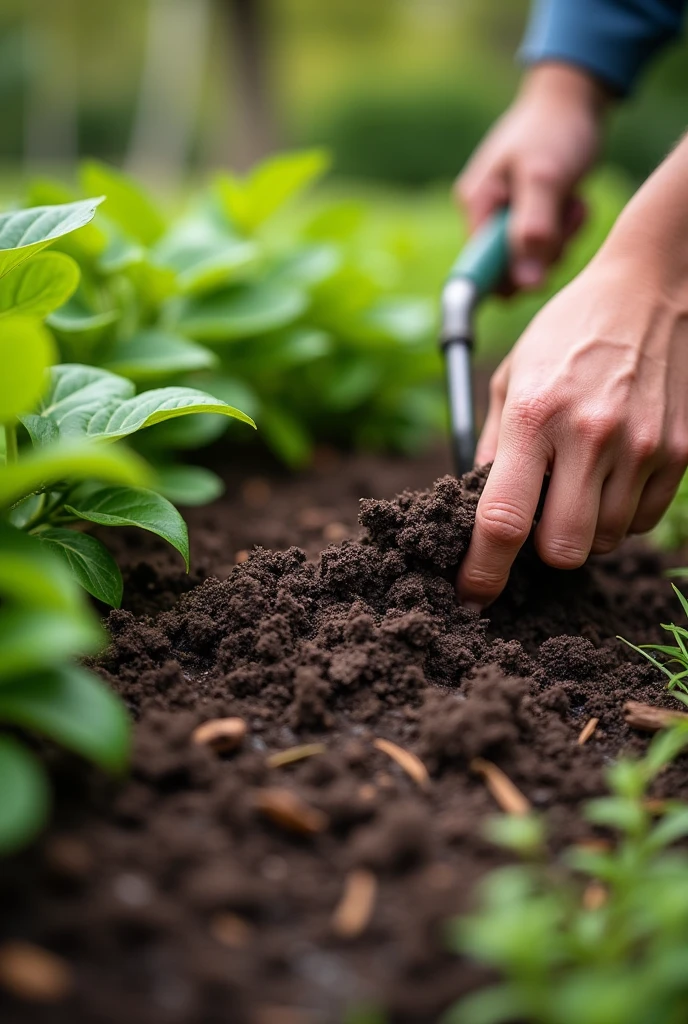 generate a photo that a person Spread the mulch evenly around your plants, about 2-4 inches thick