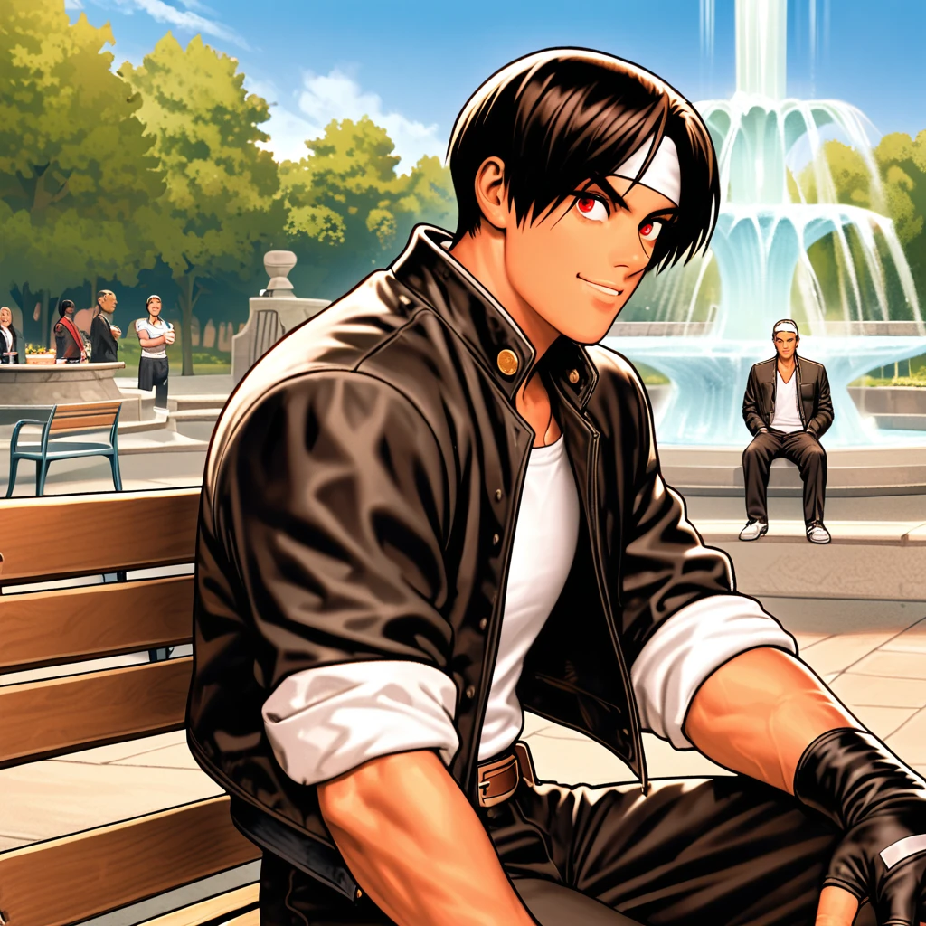single,male,short cut,black hair,dark skin ((white headband)),red eyes, ((rolled up black jacket)),fingerless gloves,white T-shirt, (black long pants),white shoes,brown belt,cool,outdoorsy,charming,morning,blue sky,neat face,neat eyes,style Nice, sitting on a park bench with a fountain , Japanese man, surprised to see me in profile and in front of him. Confident grin, gaze slightly downward, mouth closed, legs crossed.