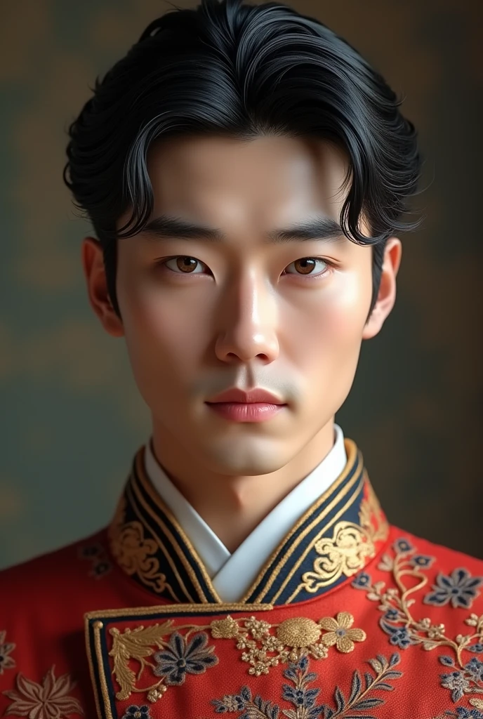 handsome korean man in English Coronation prince outfit. monolid and slightly looking sleepy eyes. square and a bit round face shape with two blocks hair cut