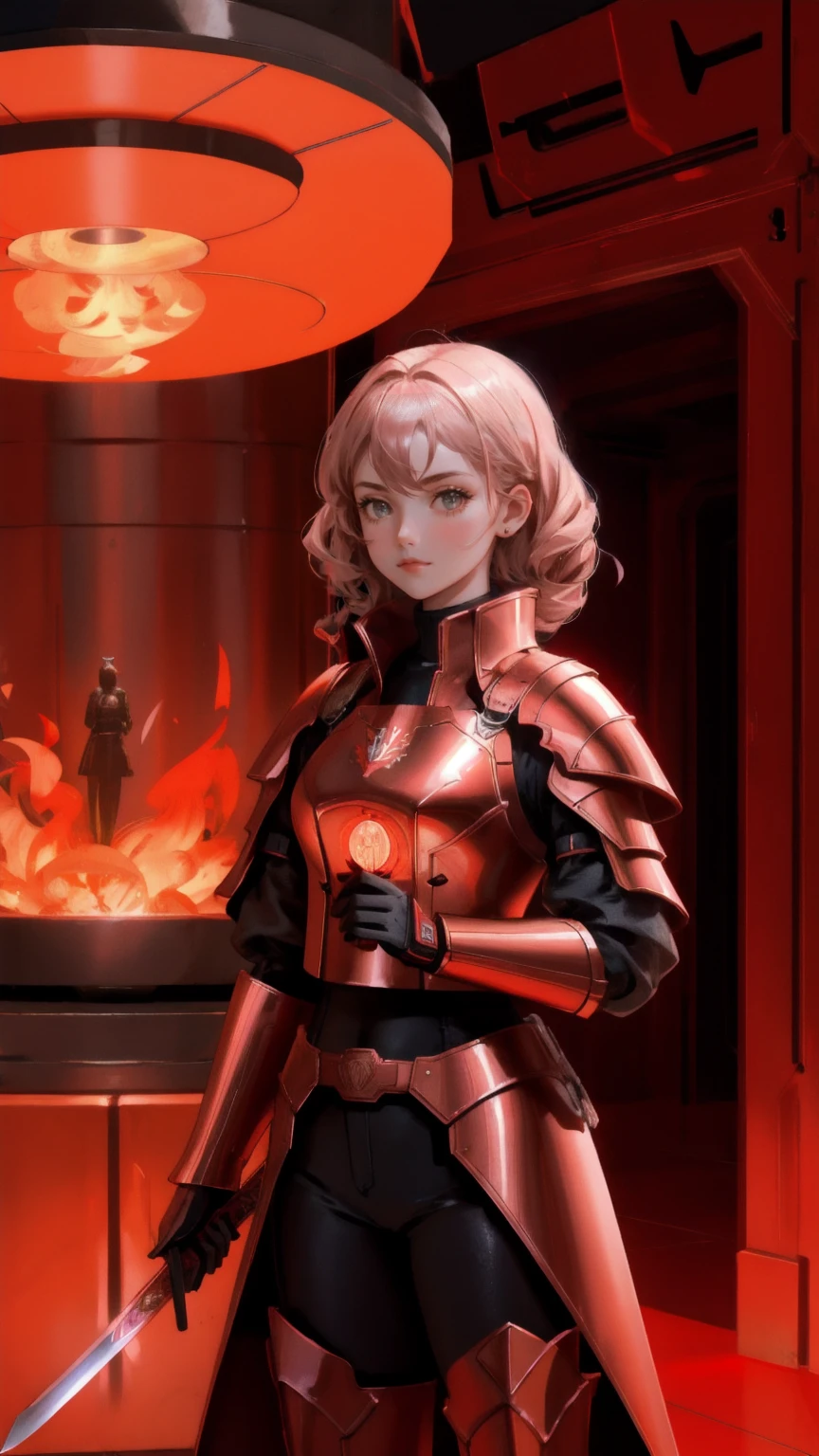 a futuristic girl guarding money, red vault, metallic Armour, holding sword of flames, a money vault in background, money coins in the background