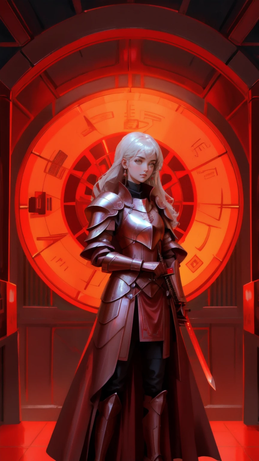 a futuristic girl guarding money, red vault, metallic Armour, holding sword of flames, a money vault in background, money coins in the background