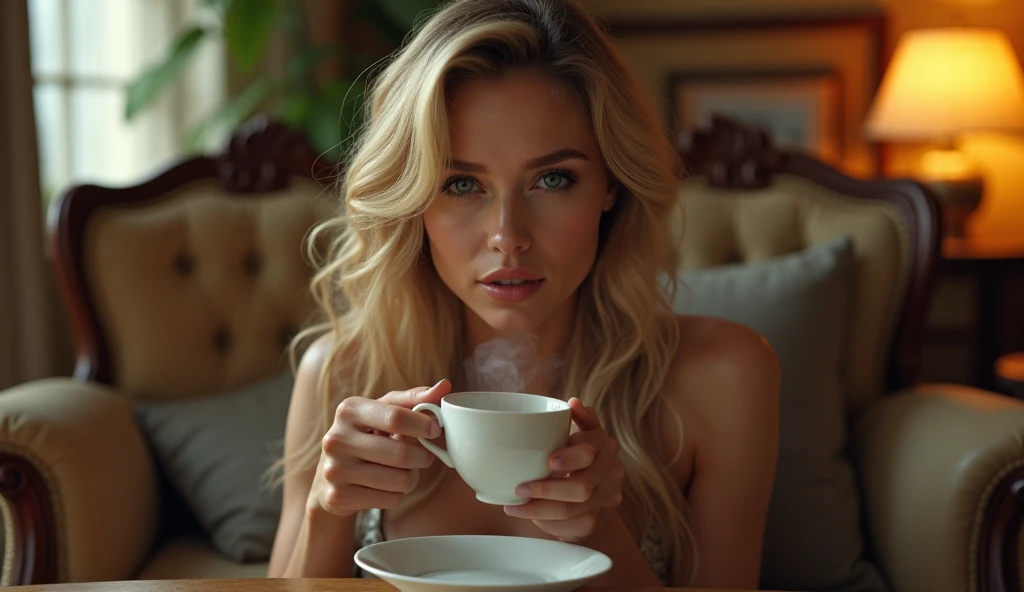 &quot;The blonde woman, with an irresistible charm, is relaxing in the living room of his house, sitting comfortably on an elegant sofa. She enjoys a cup of tea, her expression is soft and inviting. With a touch of sensuality and a sophisticated atmosphere, it creates a cozy and sophisticated environment, while enjoying your moment of tranquility.