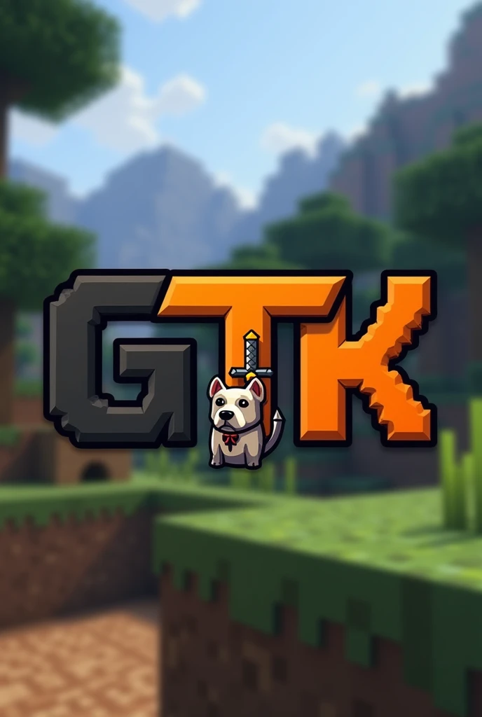 Make an animated logo for a Minecraft clan With the following GTK letters but put the T in black and make the G and K orange, only the T in black and the G and K orange, just put a dog and netherite sword and shield in the background in the background of the Minecraft world more realistic