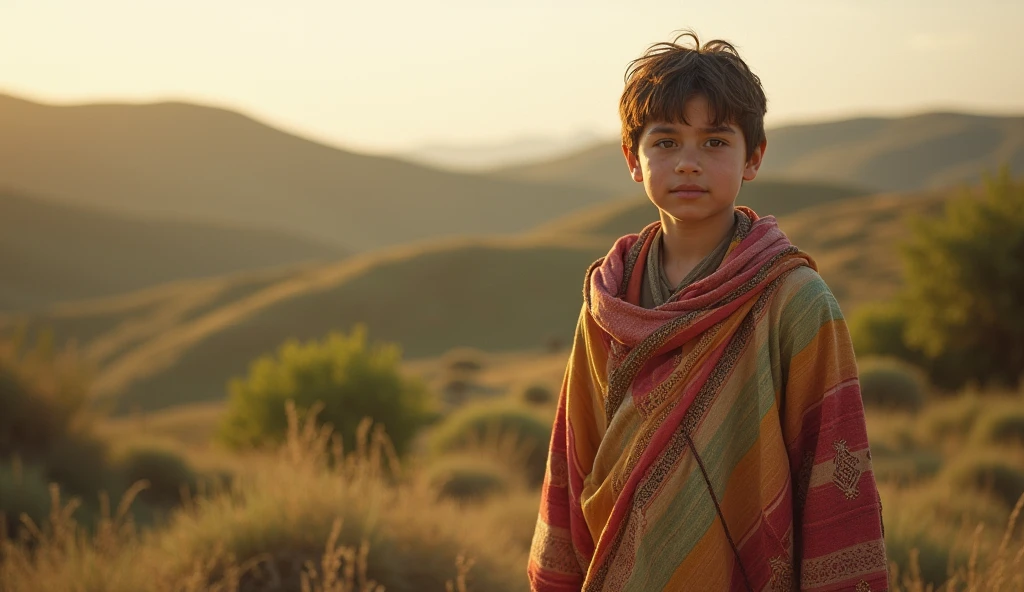 Historical photo of a Hebrew boy, wearing a vibrant multicolored robe, innocent yet proud expression, full body pose, in an ancient Israelite pastoral setting, soft afternoon light, captured from a slightly high angle, shot on a large format camera with sepia tone effect, in style of Julia Margaret Cameron
