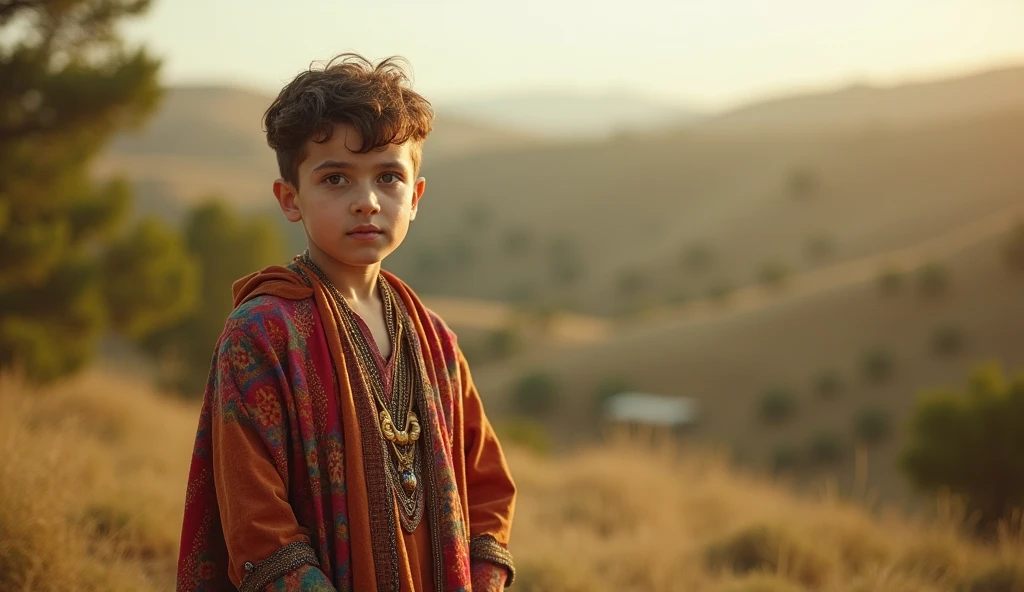 Historical photo of a Hebrew boy, wearing a vibrant multicolored robe, innocent yet proud expression, full body pose, in an ancient Israelite pastoral setting, soft afternoon light, captured from a slightly high angle, shot on a large format camera with sepia tone effect, in style of Julia Margaret Cameron