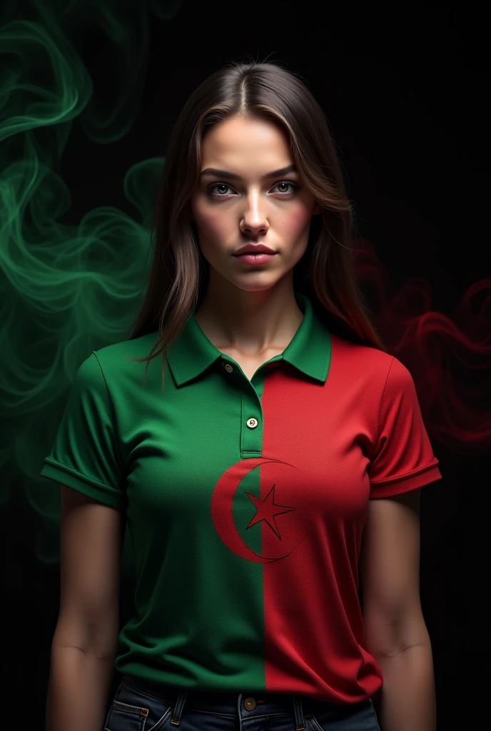 Woman wearing polo shirt with Algerian flag, black background with colored smoke, 4k photorealistic