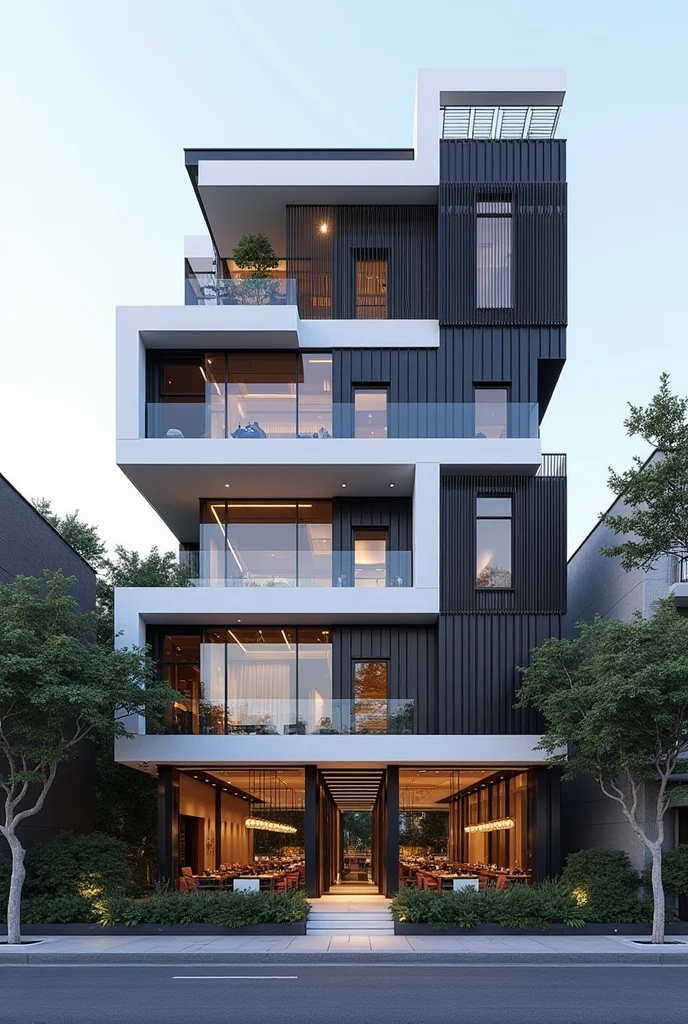 Restuarant facade architecture , exterior view , artistic , masterpiece architecture , archdaily , 4th floors , high quality rendering , postmodern look , postmodernism , white and black material