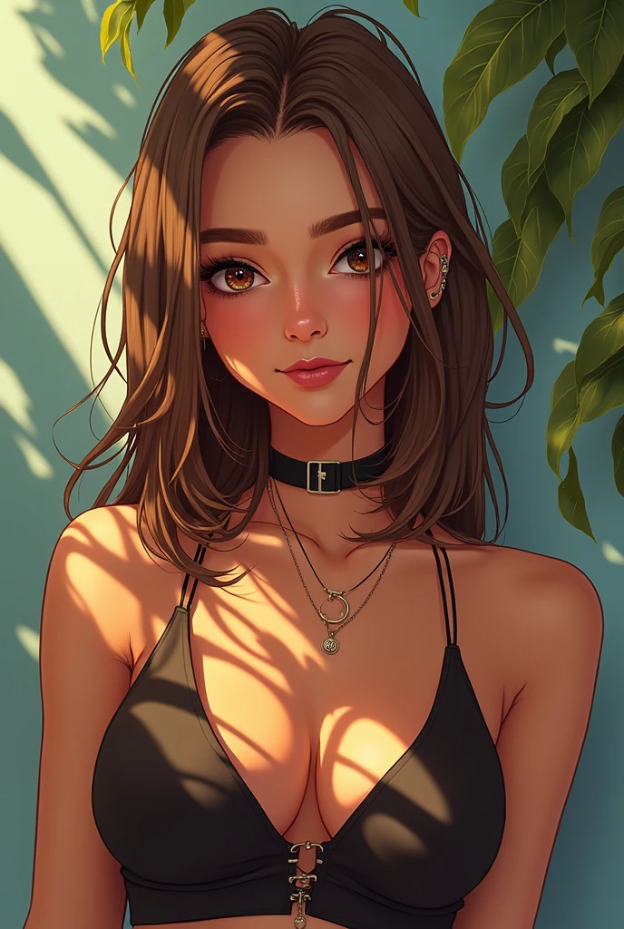 A woman over a meter and seventy tall, with straight, light brown hair below the shoulder, dark brown eyes, Brazilian from the northeast, loves taking pictures of herself, loves being a model, is always well dressed, loves parties, forro and sertanejo, anime style, has a heart-shaped face.